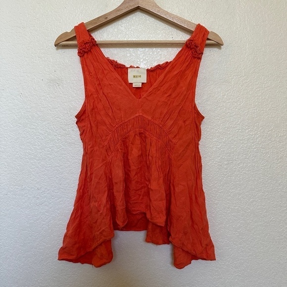 Maeve Anthro Red Orange Bretta Gathered Vneck Ruffle Babydoll Tank Top petite - Picture 2 of 9